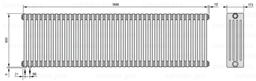 Схема (чертеж) Радиатор Zehnder Charleston 5090/41 №3370 Белый глянцевый RAL 9016